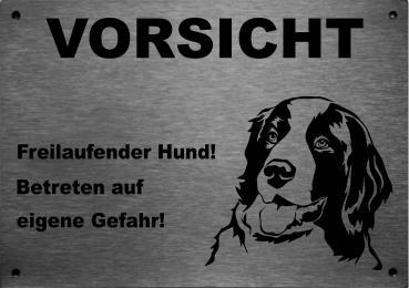 Edelstahl Warnschild Landseer VORSICHT Freilaufender Hund! Betreten auf eigene Gefahr!